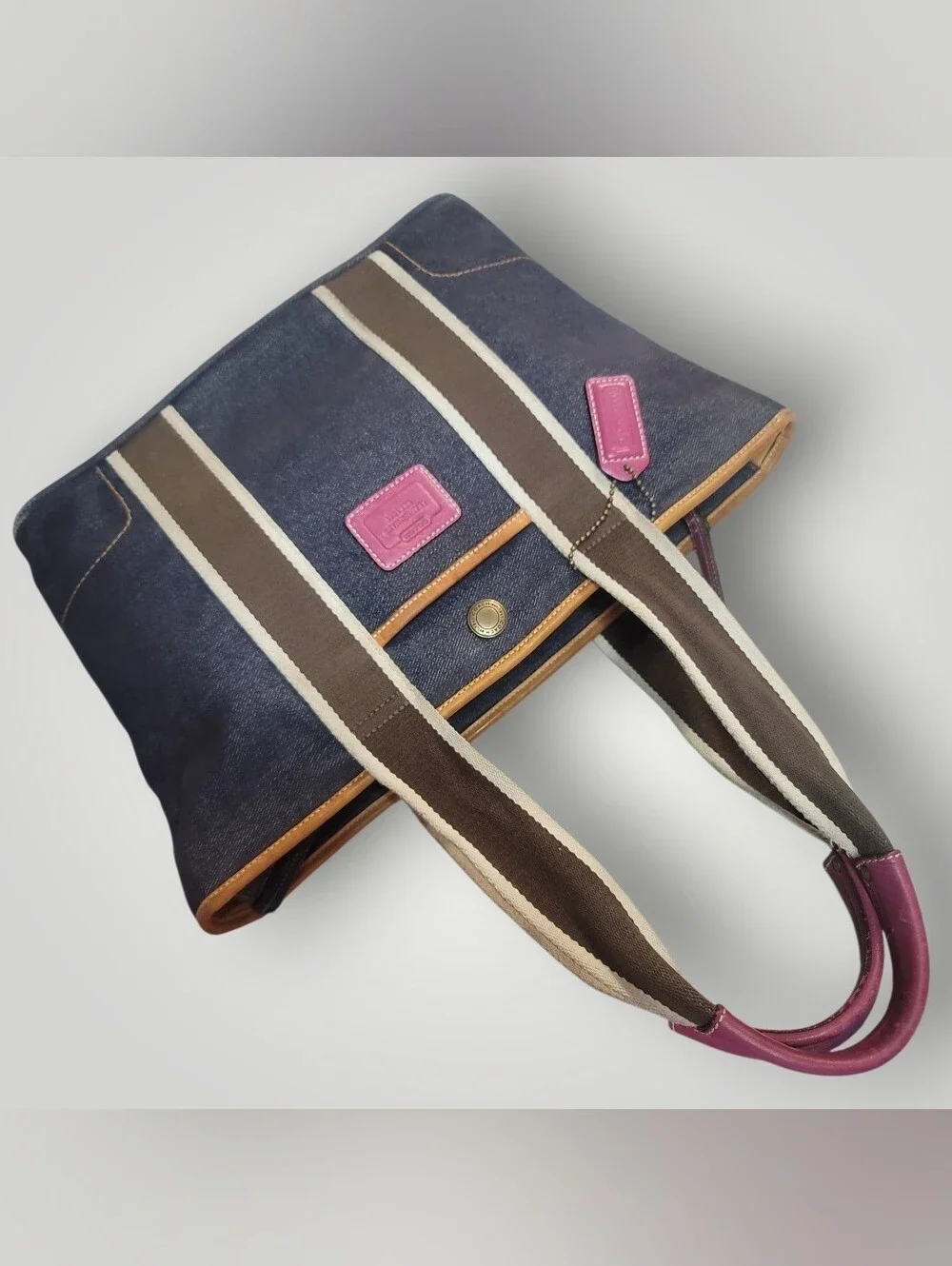 COACH Hampton Denim Blue Pink Leather Tote Bag 2004 Great Condition